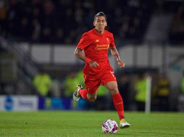 DERBY, ENGLAND - Tuesday, September 20, 2016: Liverpool's Roberto Firmino in action against Derby County during the Football League Cup 3rd Round match at Pride Park. (Pic by David Rawcliffe/Propaganda)