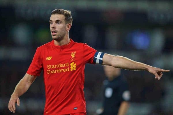 DERBY, ENGLAND - Tuesday, September 20, 2016: Liverpool's captain Jordan Henderson in action against Derby County during the Football League Cup 3rd Round match at Pride Park. (Pic by David Rawcliffe/Propaganda)