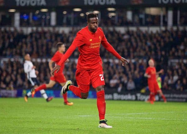 DERBY, ENGLAND - Tuesday, September 20, 2016: Liverpool's Divock Origi celebrates scoring the third goal against Derby County during the Football League Cup 3rd Round match at Pride Park. (Pic by David Rawcliffe/Propaganda)