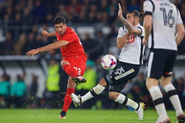 DERBY, ENGLAND - Tuesday, September 20, 2016: Liverpool's Emre Can in action against Derby County during the Football League Cup 3rd Round match at Pride Park. (Pic by David Rawcliffe/Propaganda)