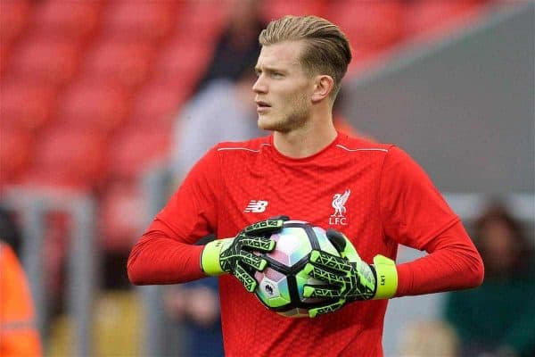 LIVERPOOL, ENGLAND - Saturday, September 24, 2016: Liverpool's goalkeeper Loris Karius warms-up before the FA Premier League match against Hull City at Anfield. (Pic by David Rawcliffe/Propaganda)