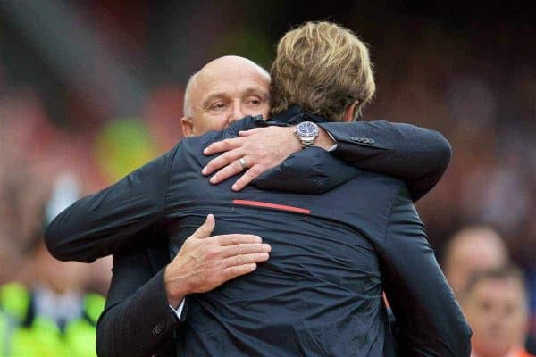 LIVERPOOL, ENGLAND - Saturday, September 24, 2016: Hull City's caretaker manager Mike Phelan and Liverpool's manager Jürgen Klopp before the FA Premier League match at Anfield. (Pic by David Rawcliffe/Propaganda)