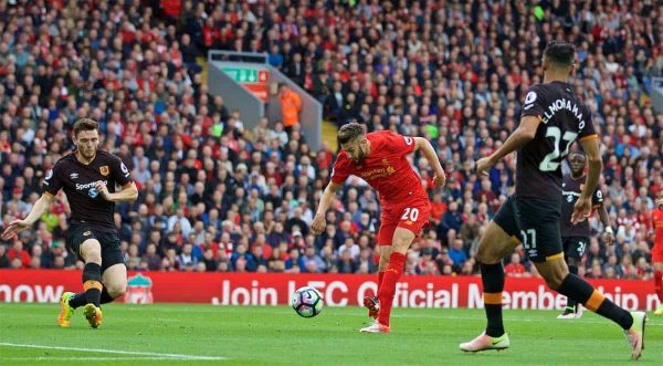 LIVERPOOL, ENGLAND - Saturday, September 24, 2016: Liverpool's Adam Lallana scores the first goal against Hull City during the FA Premier League match at Anfield. (Pic by David Rawcliffe/Propaganda)