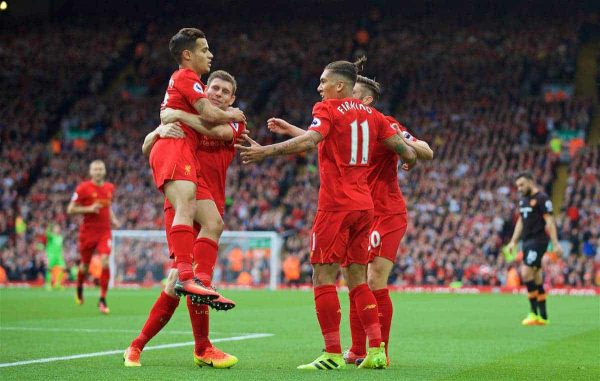 LIVERPOOL, ENGLAND - Saturday, September 24, 2016: Liverpool's Adam Lallana celebrates scoring the first goal against Hull City during the FA Premier League match at Anfield. (Pic by David Rawcliffe/Propaganda)