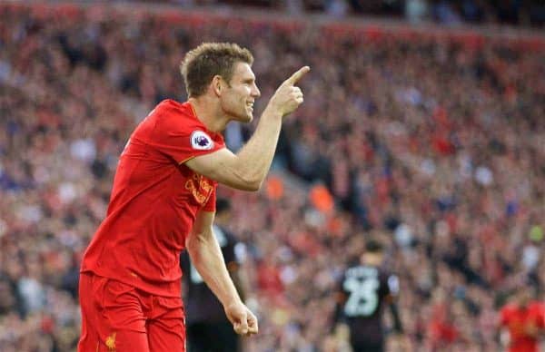 LIVERPOOL, ENGLAND - Saturday, September 24, 2016: Liverpool's James Milner celebrates scoring the second goal against Hull City from a penalty kick during the FA Premier League match at Anfield. (Pic by David Rawcliffe/Propaganda)