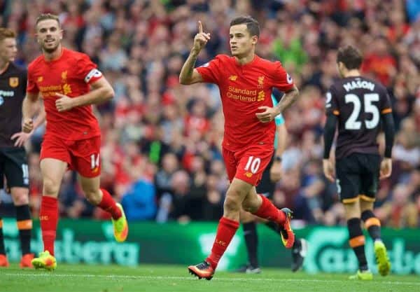 LIVERPOOL, ENGLAND - Saturday, September 24, 2016: Liverpool's Philippe Coutinho Correia celebrates scoring the fourth goal against Hull City during the FA Premier League match at Anfield. (Pic by David Rawcliffe/Propaganda)