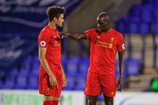 BIRKENHEAD, ENGLAND - Wednesday, September 28, 2016: Liverpool's Mamadou Sakho gives instructions to team-mate Tiago Ilori during the Premier League International Cup match against Wolfsburg at Prenton Park. (Pic by David Rawcliffe/Propaganda)