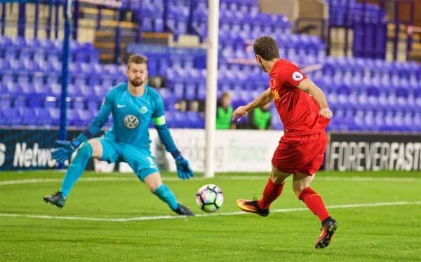 BIRKENHEAD, ENGLAND - Wednesday, September 28, 2016: Liverpool's substitute Brooks Lennon scores the first equalising goal against Wolfsburg during the Premier League International Cup match at Prenton Park. (Pic by David Rawcliffe/Propaganda)