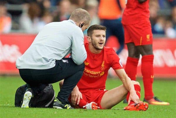 LIVERPOOL, ENGLAND - Saturday, October 1, 2016: Liverpool's Adam Lallana is forced off with an injury during the FA Premier League match against Swansea City at the Liberty Stadium. (Pic by David Rawcliffe/Propaganda)