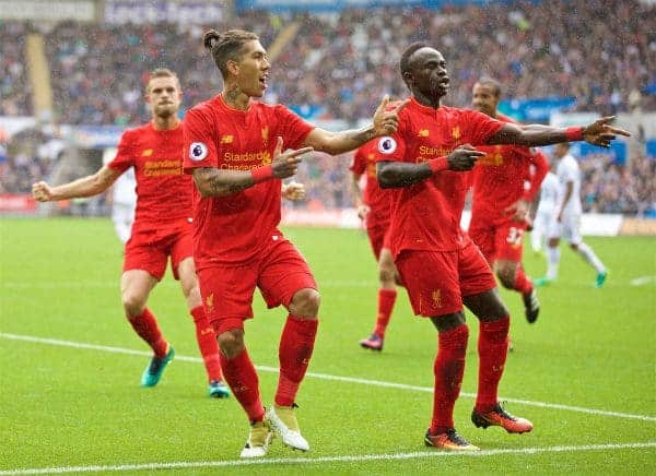 LIVERPOOL, ENGLAND - Saturday, October 1, 2016: Liverpool's Roberto Firmino celebrates scoring the first equalising goal against Swansea City during the FA Premier League match at the Liberty Stadium. (Pic by David Rawcliffe/Propaganda)