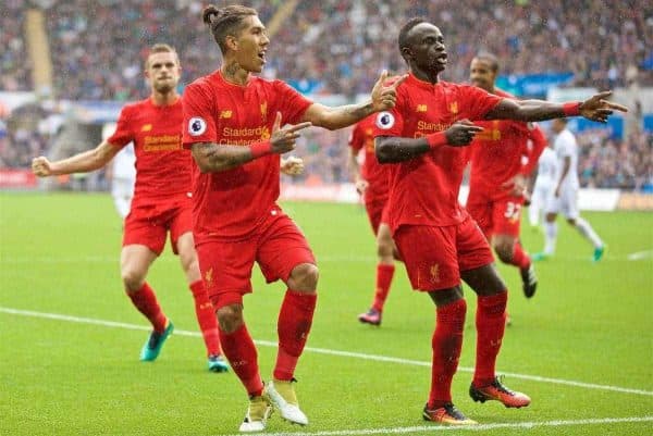 LIVERPOOL, ENGLAND - Saturday, October 1, 2016: Liverpool's Roberto Firmino celebrates scoring the first equalising goal against Swansea City during the FA Premier League match at the Liberty Stadium. (Pic by David Rawcliffe/Propaganda)