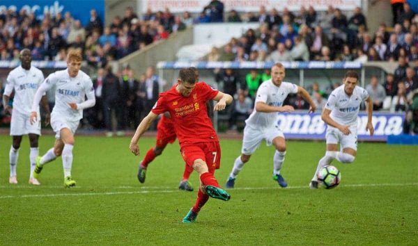 LIVERPOOL, ENGLAND - Saturday, October 1, 2016: Liverpool's James Milner scores the second goal against Swansea City from a penalty kick during the FA Premier League match at the Liberty Stadium. (Pic by David Rawcliffe/Propaganda)