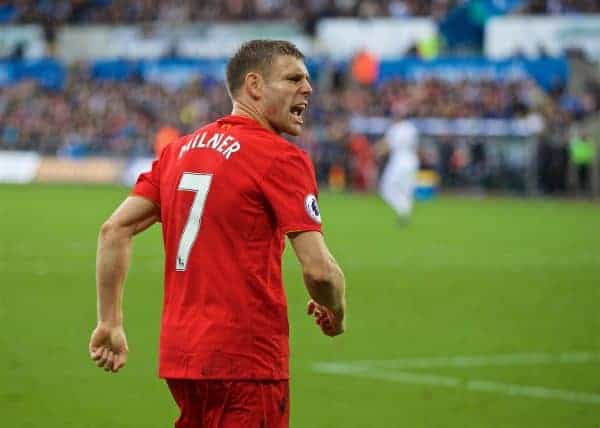 LIVERPOOL, ENGLAND - Saturday, October 1, 2016: Liverpool's James Milner celebrates scoring the second goal against Swansea City from the penalty spot to make the score 2-1 during the FA Premier League match at the Liberty Stadium. (Pic by David Rawcliffe/Propaganda)