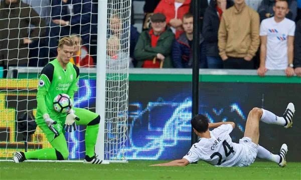 LIVERPOOL, ENGLAND - Saturday, October 1, 2016: Liverpool's goalkeeper Loris Karius makes a save from Swansea City's Jack Cork during the FA Premier League match at the Liberty Stadium. (Pic by David Rawcliffe/Propaganda)