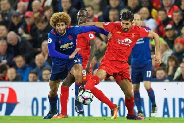 LIVERPOOL, ENGLAND - Monday, October 17, 2016: Liverpool's Emre Can in action against Manchester United's Marouane Fellaini during the FA Premier League match at Anfield. (Pic by David Rawcliffe/Propaganda)