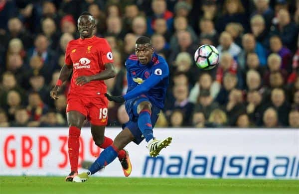 LIVERPOOL, ENGLAND - Monday, October 17, 2016: Manchester United's Paul Pogba in action against Liverpool during the FA Premier League match at Anfield. (Pic by David Rawcliffe/Propaganda)