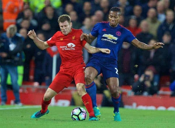 LIVERPOOL, ENGLAND - Monday, October 17, 2016: Liverpool's James Milner in action against Manchester United's Antonio Valencia during the FA Premier League match at Anfield. (Pic by David Rawcliffe/Propaganda)