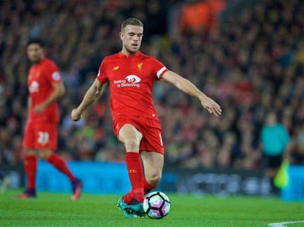 LIVERPOOL, ENGLAND - Monday, October 17, 2016: Liverpool's captain Jordan Henderson in action against Manchester United during the FA Premier League match at Anfield. (Pic by David Rawcliffe/Propaganda)
