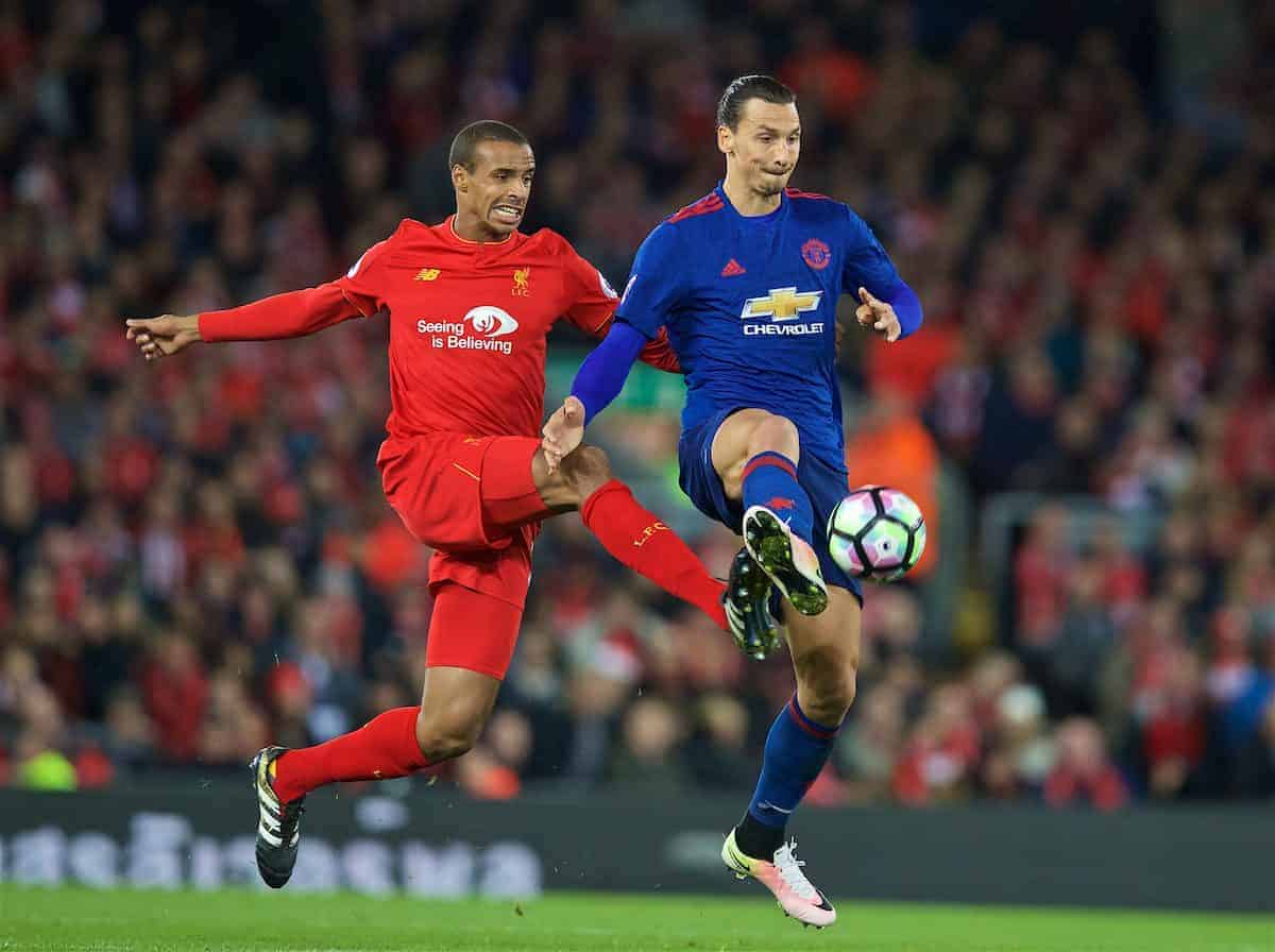 LIVERPOOL, ENGLAND - Monday, October 17, 2016: Liverpool's Joel Matip in action against Manchester United's Zlatan Ibrahimovic during the FA Premier League match at Anfield. (Pic by David Rawcliffe/Propaganda)