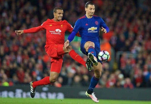 LIVERPOOL, ENGLAND - Monday, October 17, 2016: Liverpool's Joel Matip in action against Manchester United's Zlatan Ibrahimovic during the FA Premier League match at Anfield. (Pic by David Rawcliffe/Propaganda)