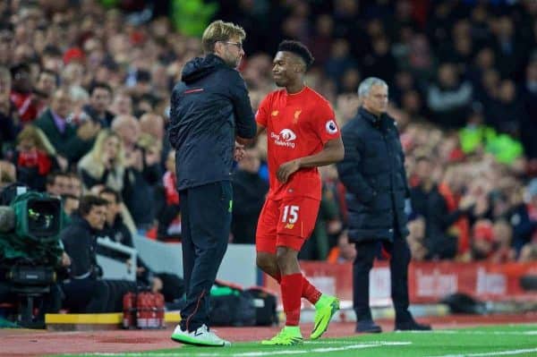 LIVERPOOL, ENGLAND - Monday, October 17, 2016: Liverpool's Daniel Sturridge is substituted by manager Jürgen Klopp against Manchester United during the FA Premier League match at Anfield. (Pic by David Rawcliffe/Propaganda)