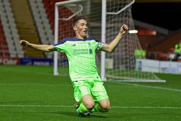 LEIGH, ENGLAND - Tuesday, October 18, 2016: Liverpool's captain Harry Wilson celebrates scoring the first goal against Manchester United during the FA Premier League 2 Under-23 match at Leigh Sports Village. (Pic by David Rawcliffe/Propaganda)