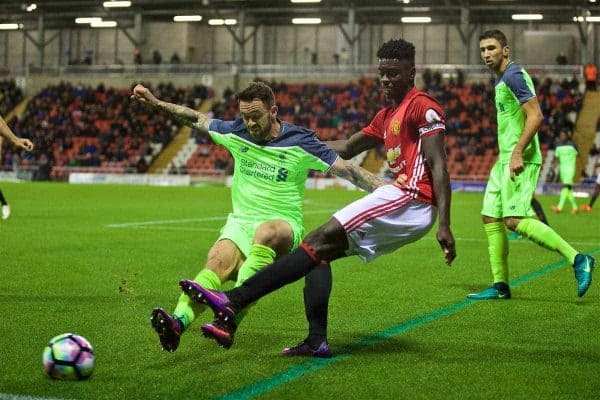 LEIGH, ENGLAND - Tuesday, October 18, 2016: Liverpool's Danny Ings in action against Manchester United during the FA Premier League 2 Under-23 match at Leigh Sports Village. (Pic by David Rawcliffe/Propaganda)