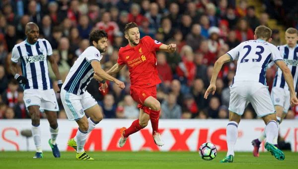 LIVERPOOL, ENGLAND - Saturday, October 22, 2016: Liverpool's Adam Lallana in action against West Bromwich Albion during the FA Premier League match at Anfield. (Pic by David Rawcliffe/Propaganda)