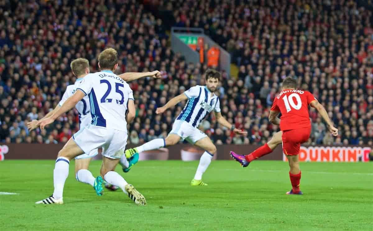 LIVERPOOL, ENGLAND - Saturday, October 22, 2016: Liverpool's Philippe Coutinho Correia scores the second goal against West Bromwich Albion during the FA Premier League match at Anfield. (Pic by David Rawcliffe/Propaganda)