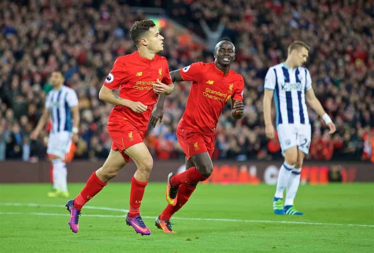 LIVERPOOL, ENGLAND - Saturday, October 22, 2016: Liverpool's Philippe Coutinho Correia celebrates scoring the second goal against West Bromwich Albion during the FA Premier League match at Anfield. (Pic by David Rawcliffe/Propaganda)