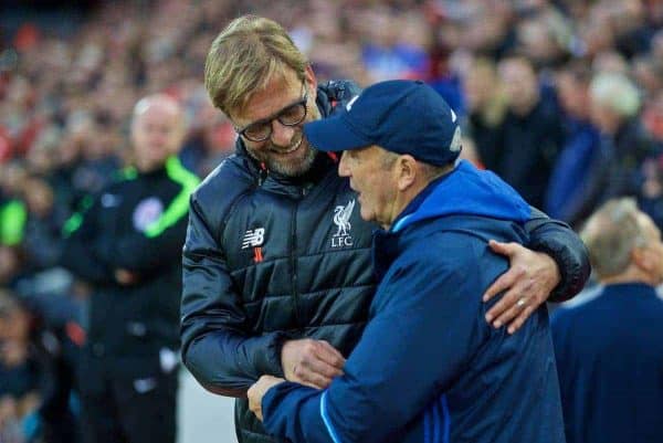 LIVERPOOL, ENGLAND - Saturday, October 22, 2016: Liverpool's manager Jürgen Klopp shakes hands with West Bromwich Albion's head coach Tony Pulis before the FA Premier League match at Anfield. (Pic by David Rawcliffe/Propaganda)