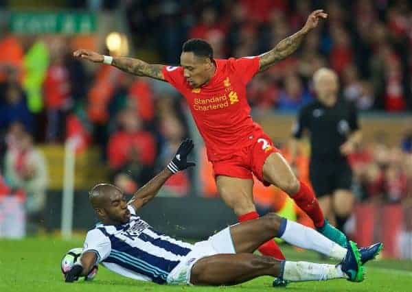 LIVERPOOL, ENGLAND - Saturday, October 22, 2016: Liverpool's Nathaniel Clyne in action against West Bromwich Albion during the FA Premier League match at Anfield. (Pic by David Rawcliffe/Propaganda)