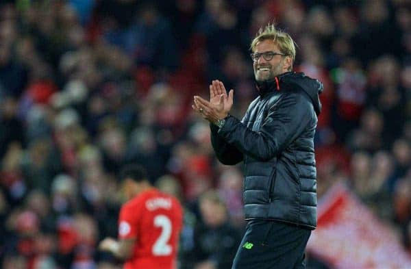 LIVERPOOL, ENGLAND - Saturday, October 22, 2016: Liverpool's manager Jürgen Klopp applauds the supporters after the 2-1 victory over West Bromwich Albion during the FA Premier League match at Anfield. (Pic by David Rawcliffe/Propaganda)