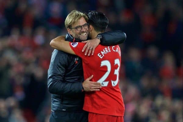 LIVERPOOL, ENGLAND - Saturday, October 22, 2016: Liverpool's manager J¸rgen Klopp hugs Emre Can after the 2-1 victory over West Bromwich Albion during the FA Premier League match at Anfield. (Pic by David Rawcliffe/Propaganda)