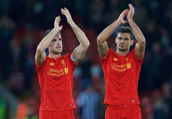 LIVERPOOL, ENGLAND - Saturday, October 22, 2016: Liverpool's captain Jordan Henderson and Dejan Lovren applaud the supporters after the 2-1 victory over West Bromwich Albion during the FA Premier League match at Anfield. (Pic by David Rawcliffe/Propaganda)