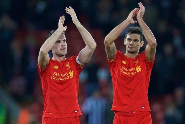 LIVERPOOL, ENGLAND - Saturday, October 22, 2016: Liverpool's captain Jordan Henderson and Dejan Lovren applaud the supporters after the 2-1 victory over West Bromwich Albion during the FA Premier League match at Anfield. (Pic by David Rawcliffe/Propaganda)