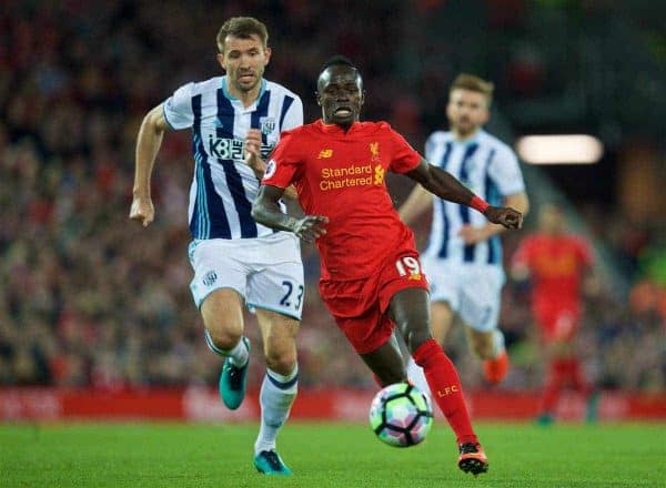 LIVERPOOL, ENGLAND - Saturday, October 22, 2016: Liverpool's Sadio Mane in action against West Bromwich Albion during the FA Premier League match at Anfield. (Pic by David Rawcliffe/Propaganda)