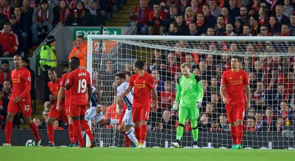 LIVERPOOL, ENGLAND - Saturday, October 22, 2016: Liverpool's goalkeeper Loris Karius looks dejected as West Bromwich Albion pull a goal back during the FA Premier League match at Anfield. (Pic by David Rawcliffe/Propaganda)