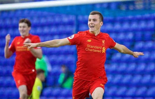 BIRKENHEAD, ENGLAND - Sunday, October 23, 2016: Liverpool's Brooks Lennon celebrates scoring the first goal against Everton during the Mini-Derby FA Premier League 2 Under-23 match at Prenton Park. (Pic by David Rawcliffe/Propaganda)