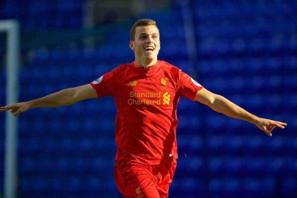 BIRKENHEAD, ENGLAND - Sunday, October 23, 2016: Liverpool's Brooks Lennon celebrates scoring the first goal against Everton during the Mini-Derby FA Premier League 2 Under-23 match at Prenton Park. (Pic by David Rawcliffe/Propaganda)