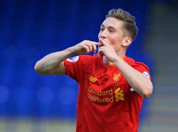 BIRKENHEAD, ENGLAND - Sunday, October 23, 2016: Liverpool's captain Harry Wilson celebrates scoring the second goal against Everton during the Mini-Derby FA Premier League 2 Under-23 match at Prenton Park. (Pic by David Rawcliffe/Propaganda)