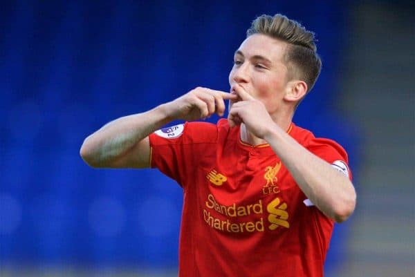 BIRKENHEAD, ENGLAND - Sunday, October 23, 2016: Liverpool's captain Harry Wilson celebrates scoring the second goal against Everton during the Mini-Derby FA Premier League 2 Under-23 match at Prenton Park. (Pic by David Rawcliffe/Propaganda)