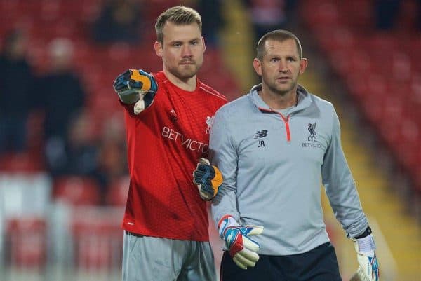 LIVERPOOL, ENGLAND - Tuesday, October 25, 2016: Liverpool's goalkeeper Simon Mignolet warms up with goalkeeping coach John Achterberg before the Football League Cup 4th Round match against Tottenham Hotspur at Anfield. (Pic by David Rawcliffe/Propaganda)