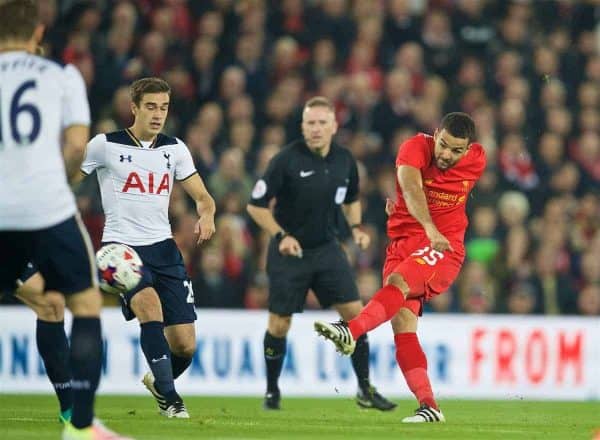 LIVERPOOL, ENGLAND - Tuesday, October 25, 2016: Liverpool's Kevin Stewart in action against Tottenham Hotspur during the Football League Cup 4th Round match at Anfield. (Pic by David Rawcliffe/Propaganda)