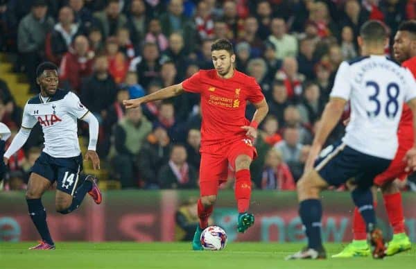LIVERPOOL, ENGLAND - Tuesday, October 25, 2016: Liverpool's Marko Grujic in action against Tottenham Hotspur during the Football League Cup 4th Round match at Anfield. (Pic by David Rawcliffe/Propaganda)