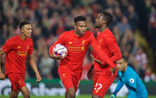 LIVERPOOL, ENGLAND - Tuesday, October 25, 2016: Liverpool's Daniel Sturridge celebrates scoring the first goal against Tottenham Hotspur during the Football League Cup 4th Round match at Anfield. (Pic by David Rawcliffe/Propaganda)