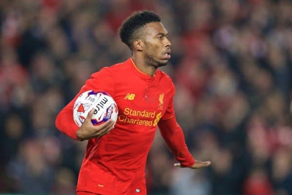 LIVERPOOL, ENGLAND - Tuesday, October 25, 2016: Liverpool's Daniel Sturridge celebrates scoring the first goal against Tottenham Hotspur during the Football League Cup 4th Round match at Anfield. (Pic by David Rawcliffe/Propaganda)