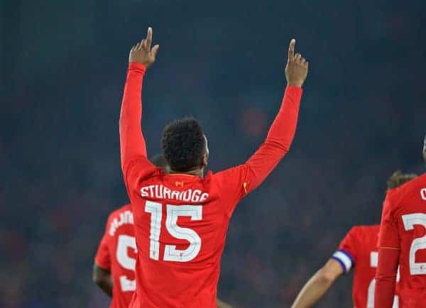 LIVERPOOL, ENGLAND - Tuesday, October 25, 2016: Liverpool's Daniel Sturridge celebrates scoring the first goal against Tottenham Hotspur during the Football League Cup 4th Round match at Anfield. (Pic by David Rawcliffe/Propaganda)