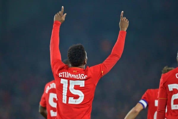 LIVERPOOL, ENGLAND - Tuesday, October 25, 2016: Liverpool's Daniel Sturridge celebrates scoring the first goal against Tottenham Hotspur during the Football League Cup 4th Round match at Anfield. (Pic by David Rawcliffe/Propaganda)