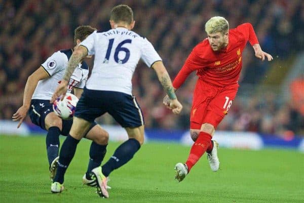 LIVERPOOL, ENGLAND - Tuesday, October 25, 2016: Liverpool's Alberto Moreno in action against Tottenham Hotspur during the Football League Cup 4th Round match at Anfield. (Pic by David Rawcliffe/Propaganda)